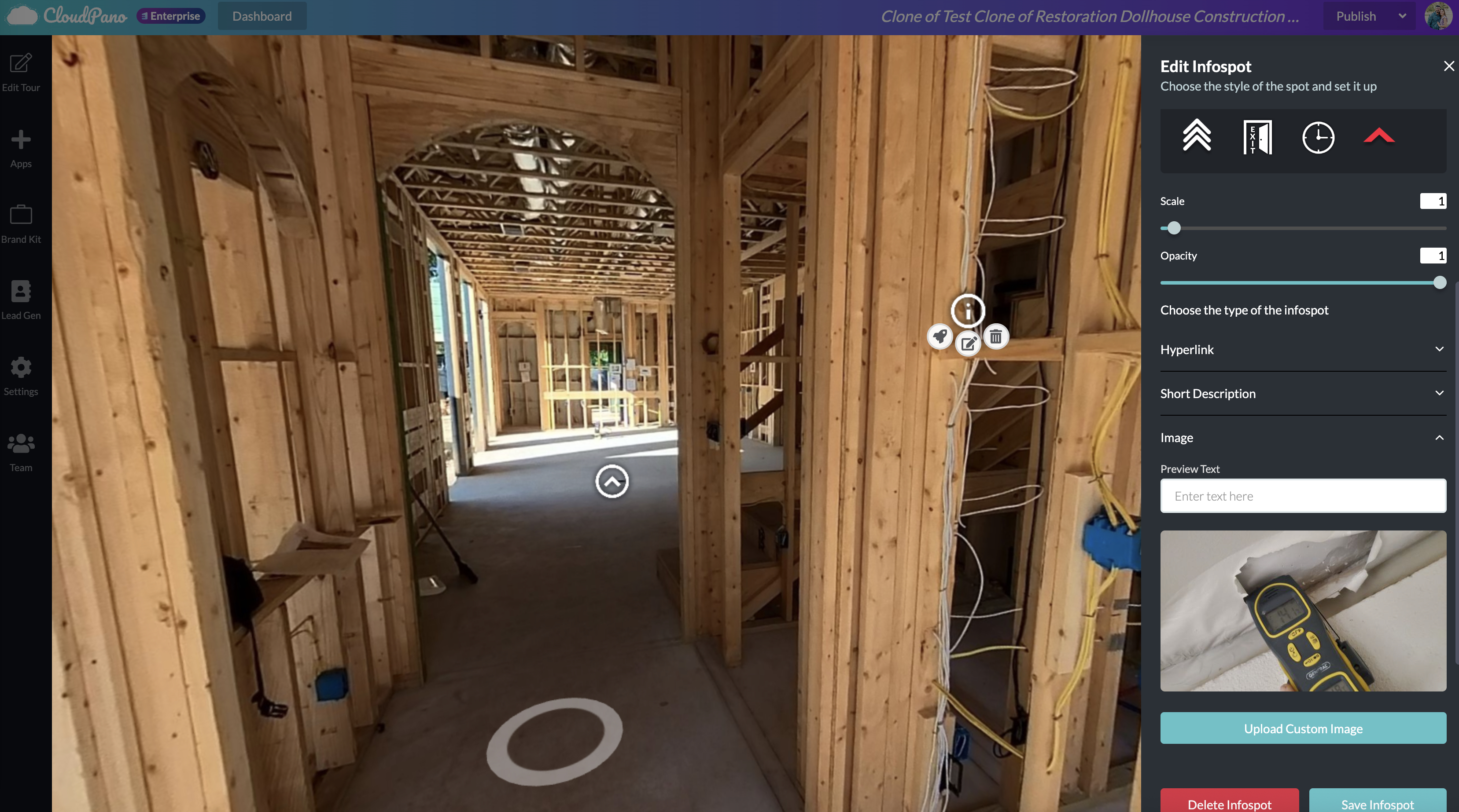 Desktop interface showing how to add info spots in CloudPano