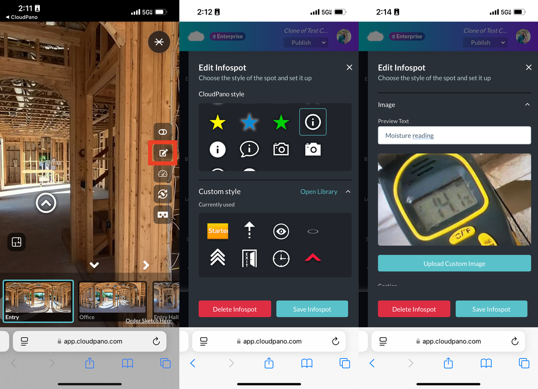 Mobile interface showing how to add info spots in CloudPano app