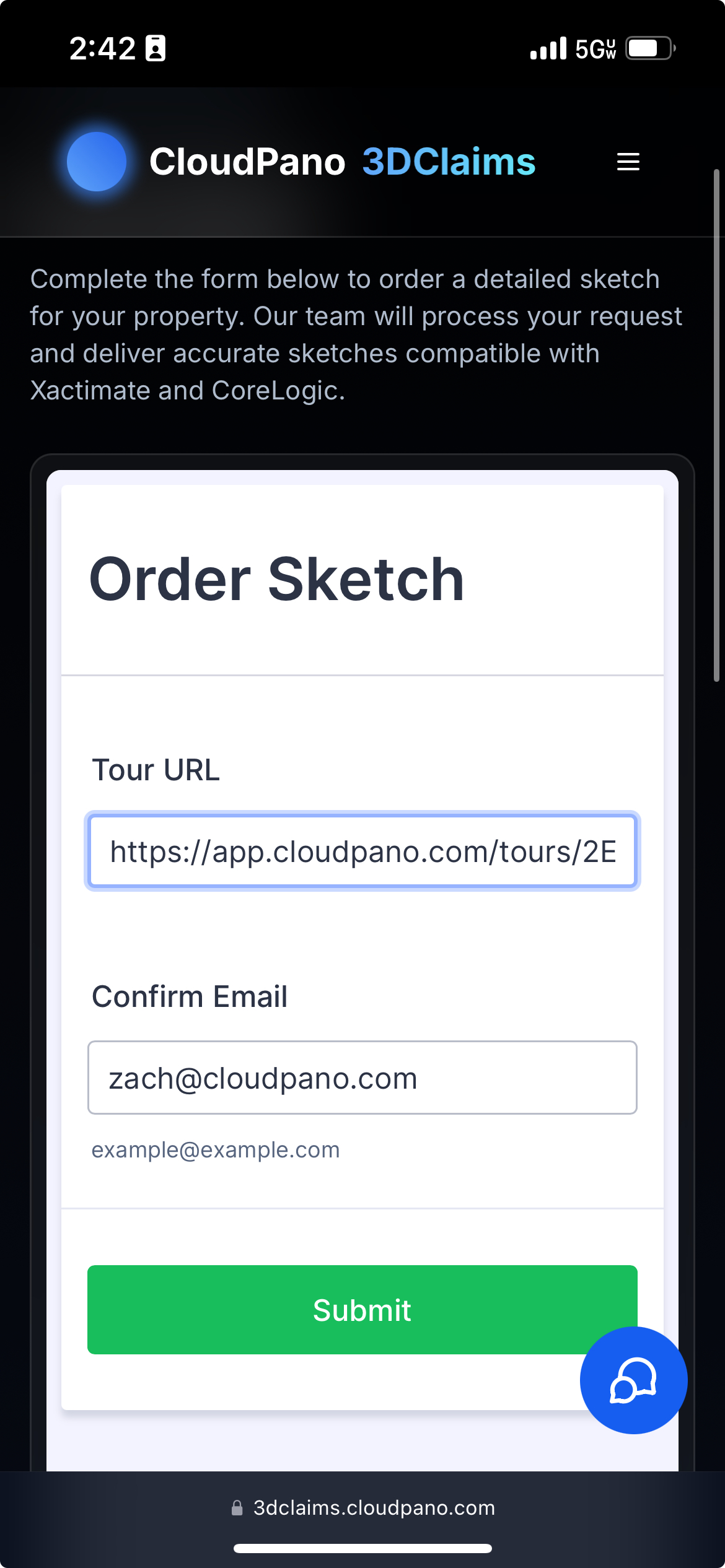 Order sketch form showing fields for Tour URL and email confirmation
